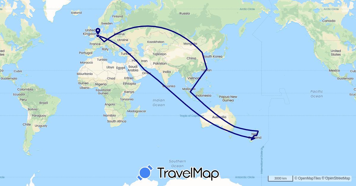 TravelMap itinerary: driving in United Arab Emirates, Australia, China, Germany, Netherlands, New Zealand, Singapore, Taiwan (Asia, Europe, Oceania)