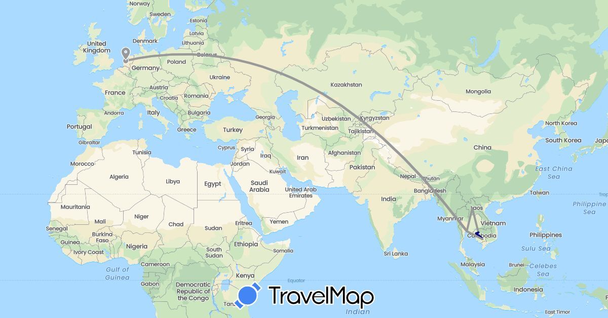 TravelMap itinerary: driving, plane in Cambodia, Laos, Netherlands, Thailand (Asia, Europe)